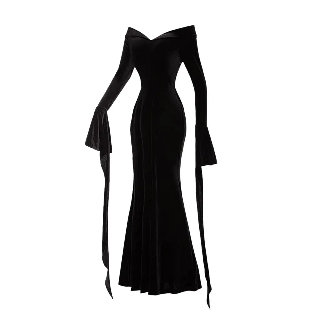 Costume Gothique Noir pour Halloween 2025 – Robe avec Col Blanc et Silhouette Élégante