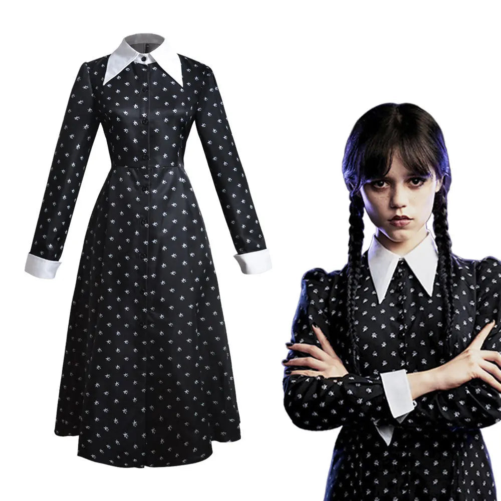 Costume Gothique Noir pour Halloween 2025 – Robe avec Col Blanc et Silhouette Élégante
