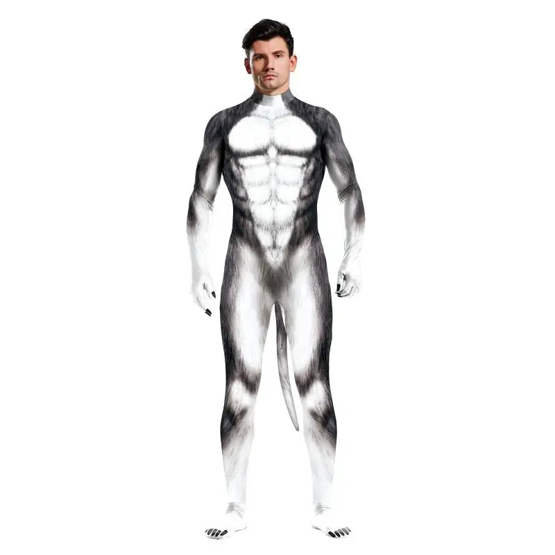 Costume Husky Unisexe en Combinaison Complète avec Queue Détachable pour Halloween et Cosplay