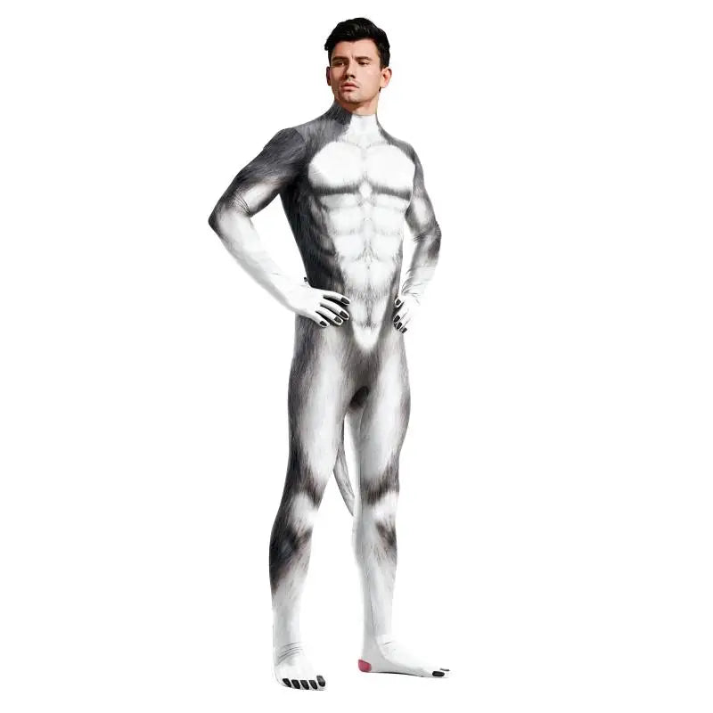 Costume Husky Unisexe en Combinaison Complète avec Queue Détachable pour Halloween et Cosplay