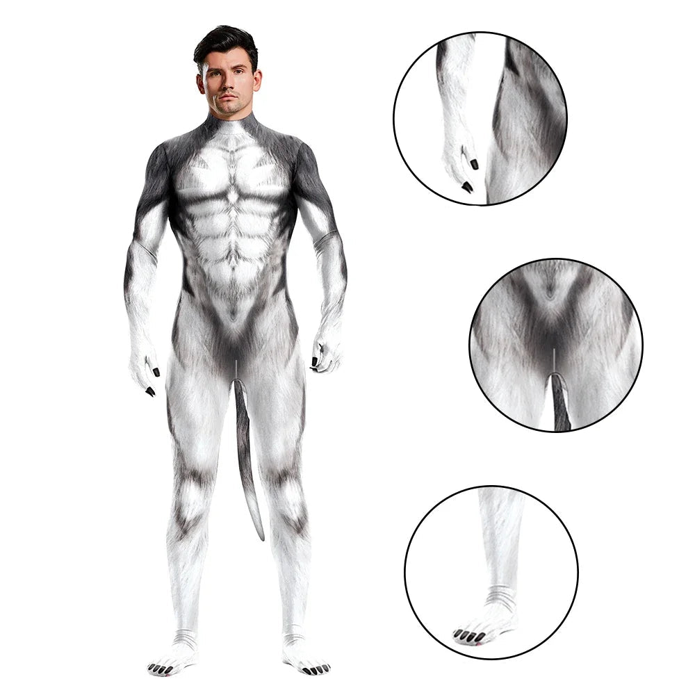 Costume Husky Unisexe en Combinaison Complète avec Queue Détachable pour Halloween et Cosplay