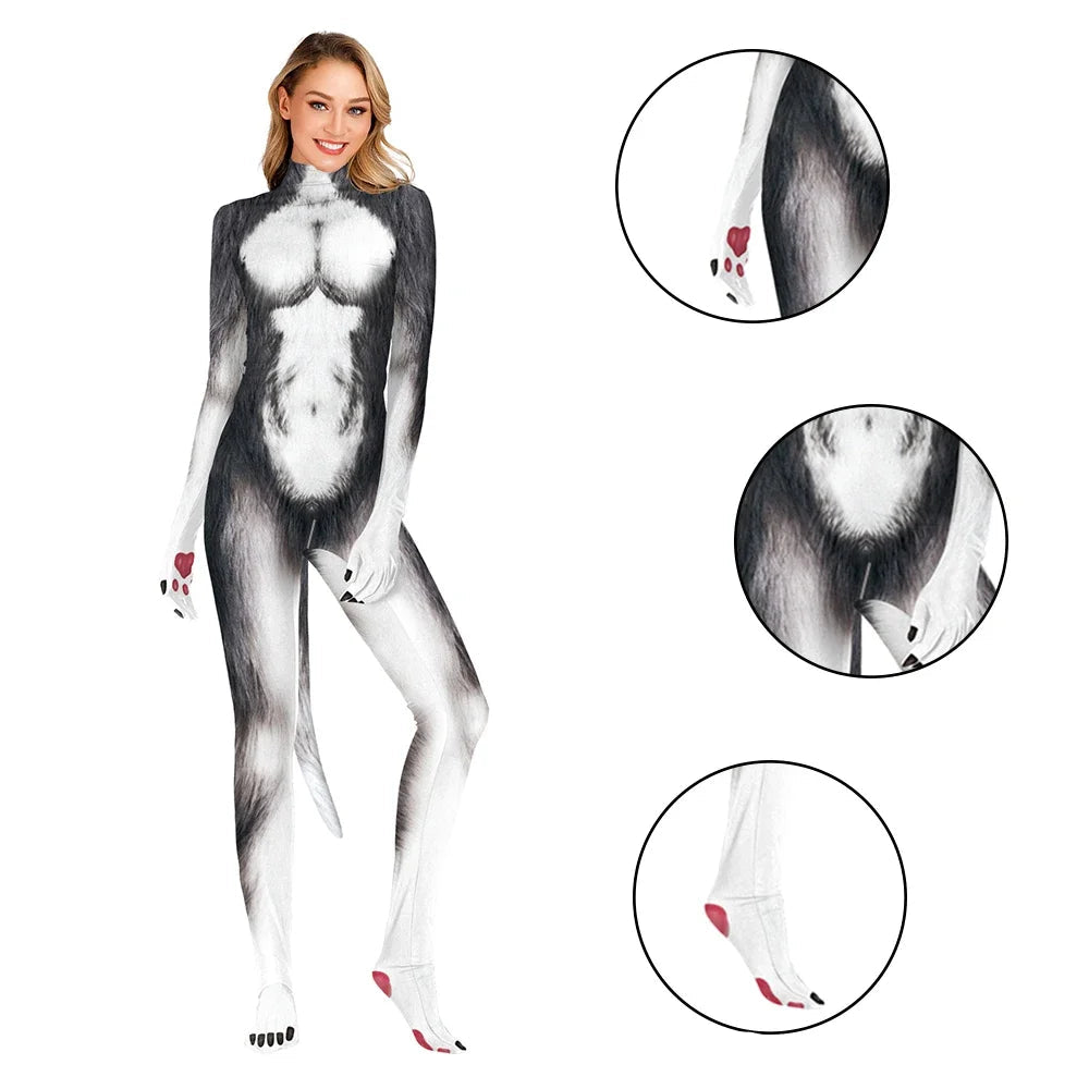 Costume Husky Unisexe en Combinaison Complète avec Queue Détachable pour Halloween et Cosplay
