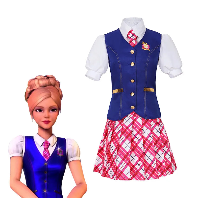 Costume d'Écolière Barbie Cosplay avec Gilet et Jupe à Carreaux pour Halloween