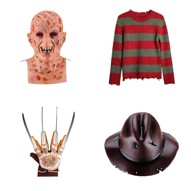 Costume d'Halloween Freddy Krueger pour Adultes avec Pull Rayé, Chapeau Fedora et Gant à Lames