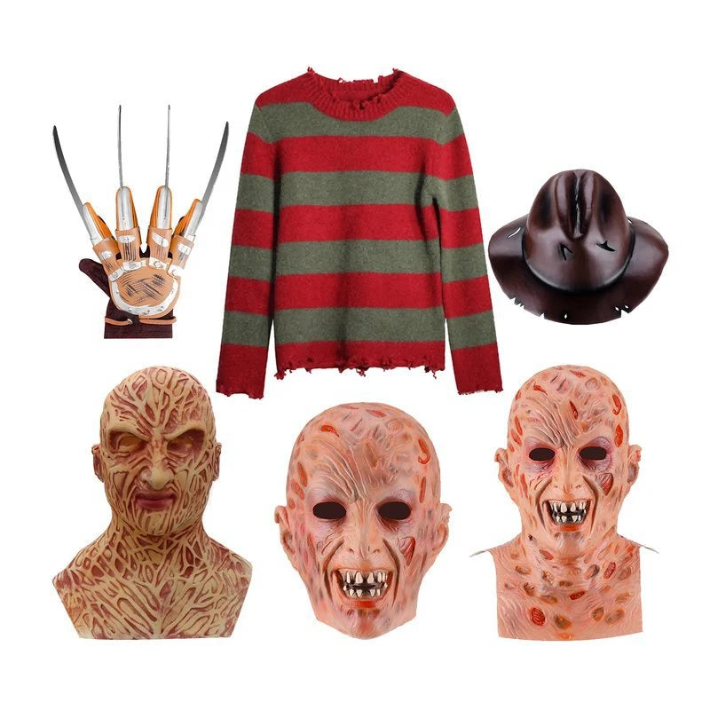 Costume d'Halloween Freddy Krueger pour Adultes avec Pull Rayé, Chapeau Fedora et Gant à Lames