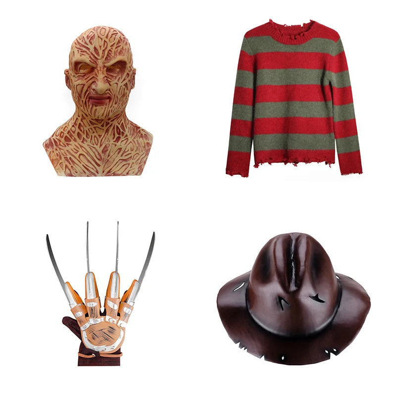 Costume d'Halloween Freddy Krueger pour Adultes avec Pull Rayé, Chapeau Fedora et Gant à Lames