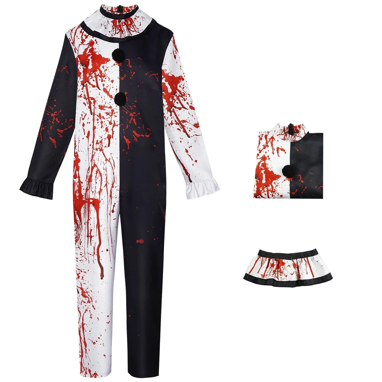 Costume de Clown Sanglant pour Halloween – Combinaison Complète Noir et Blanc avec Détails Sanguins