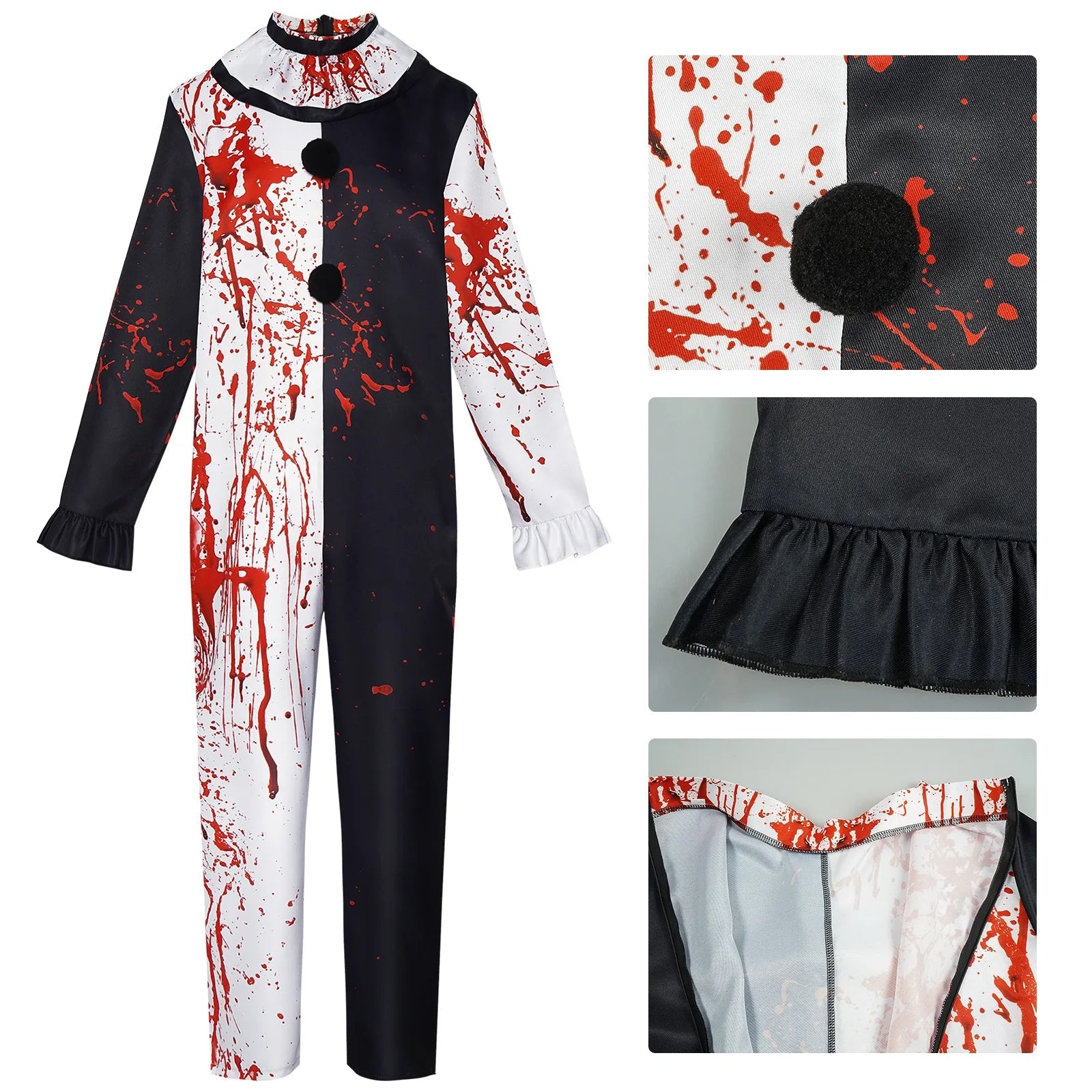 Costume de Clown Sanglant pour Halloween – Combinaison Complète Noir et Blanc avec Détails Sanguins