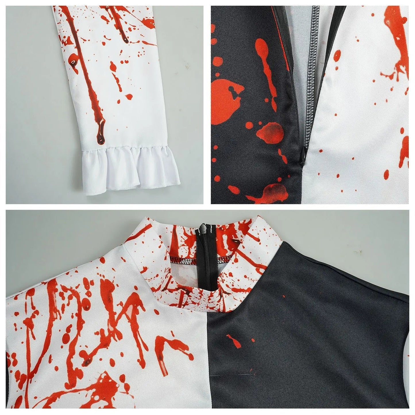 Bloody Clown Costume for Halloween – Complete Black and White Jumpsuit with Bloody Details