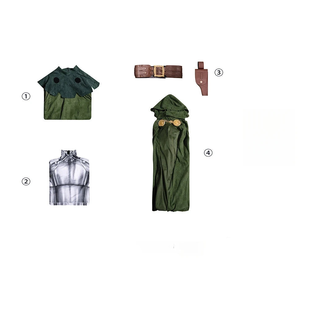 Costume de Cosplay Doctor Doom avec Manteau à Capuche et Masque Métallique – Idéal pour Halloween et Événements de Cosplay