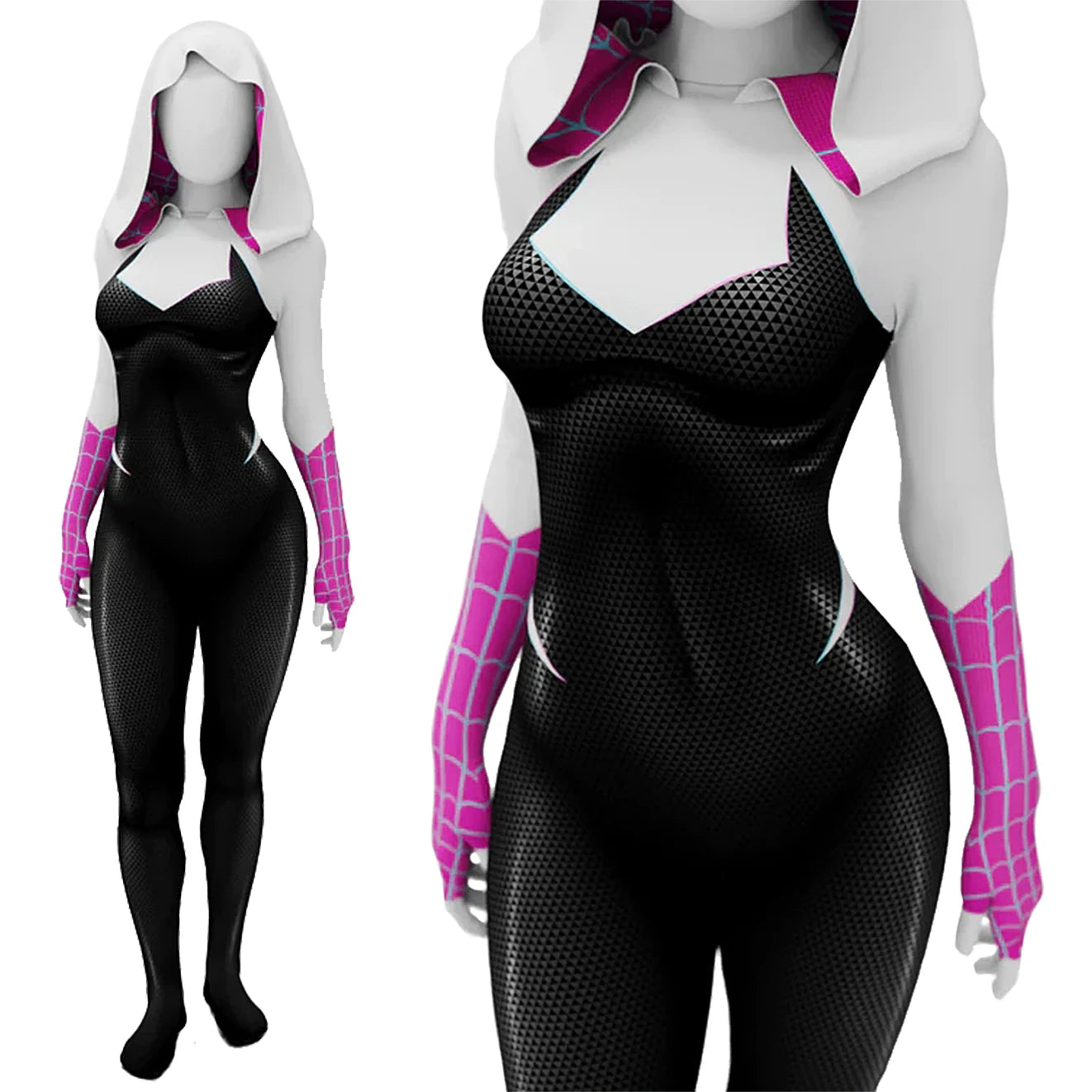 Costume de Cosplay Spider Gwen en Spandex avec Capuche et Gants – Idéal pour Halloween et Conventions