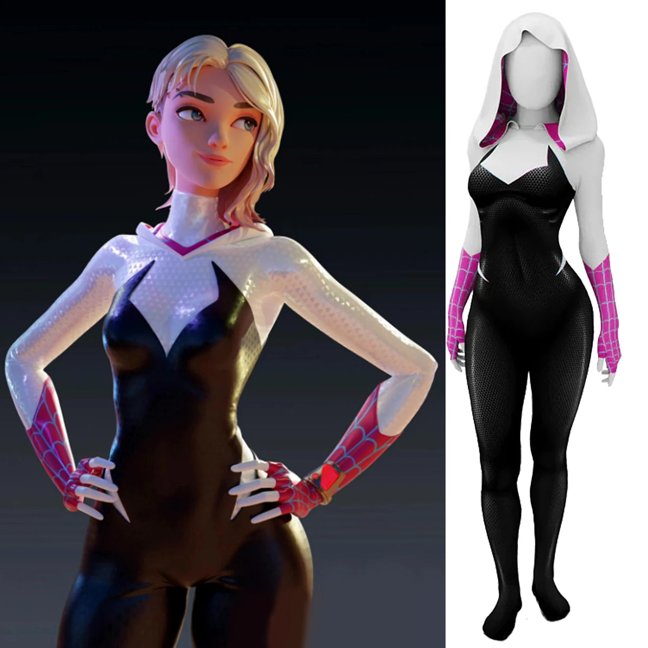 Costume de Cosplay Spider Gwen en Spandex avec Capuche et Gants – Idéal pour Halloween et Conventions