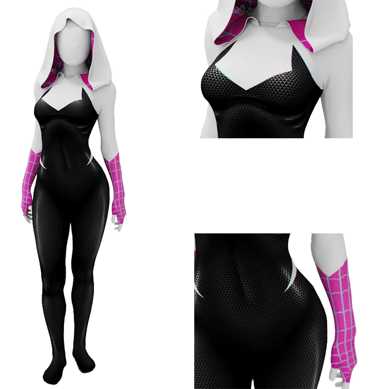 Costume de Cosplay Spider Gwen en Spandex avec Capuche et Gants – Idéal pour Halloween et Conventions