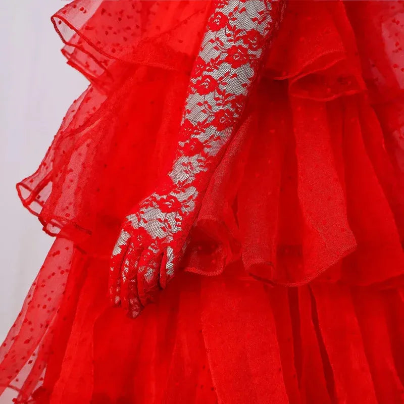 Costume de Mariée en Tulle Rouge pour Cosplay Beetlejuice – Robe Dramatique pour Halloween