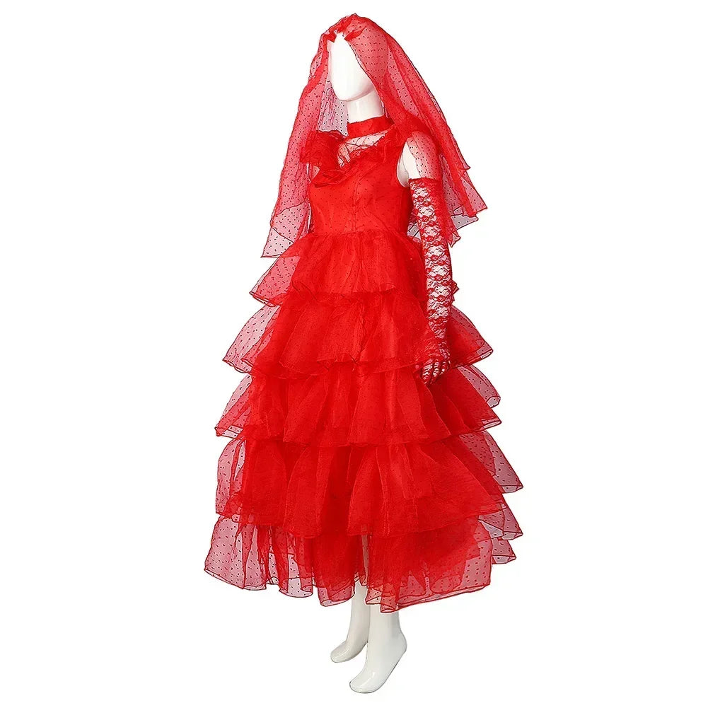 Costume de Mariée en Tulle Rouge pour Cosplay Beetlejuice – Robe Dramatique pour Halloween