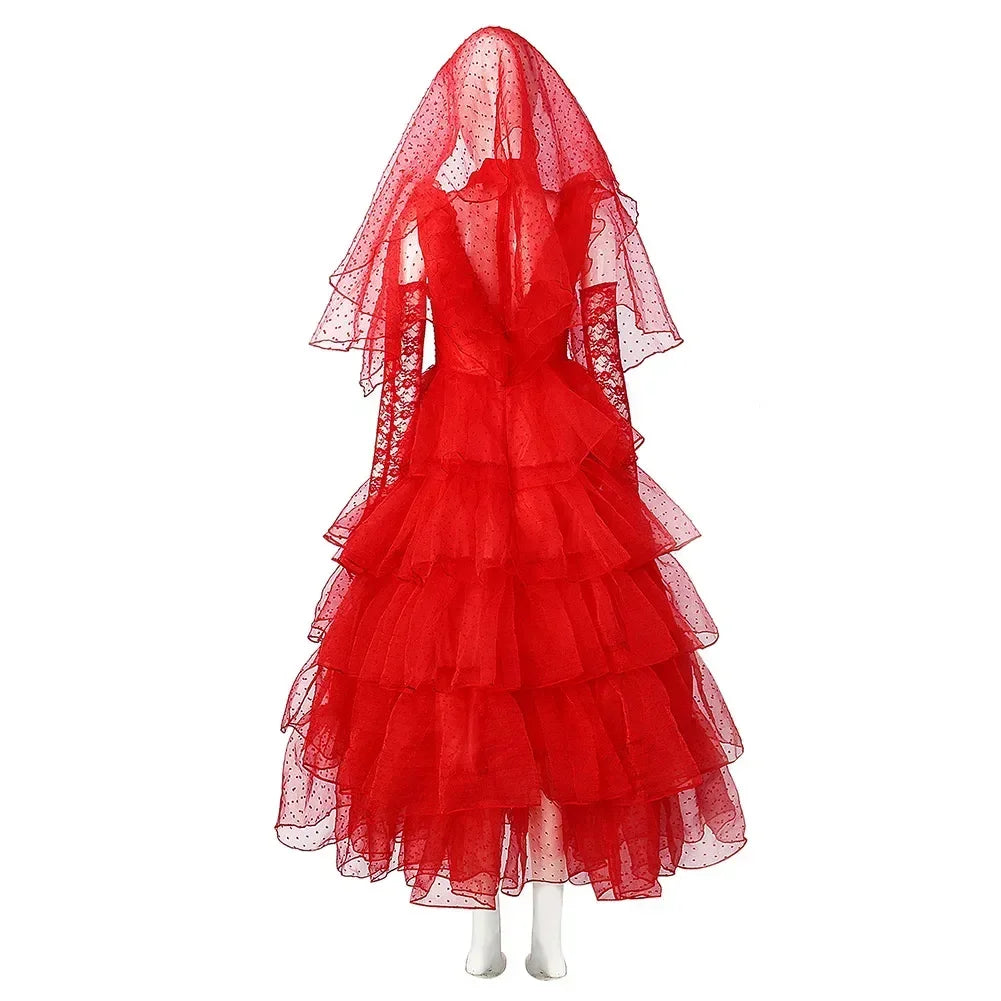Costume de Mariée en Tulle Rouge pour Cosplay Beetlejuice – Robe Dramatique pour Halloween