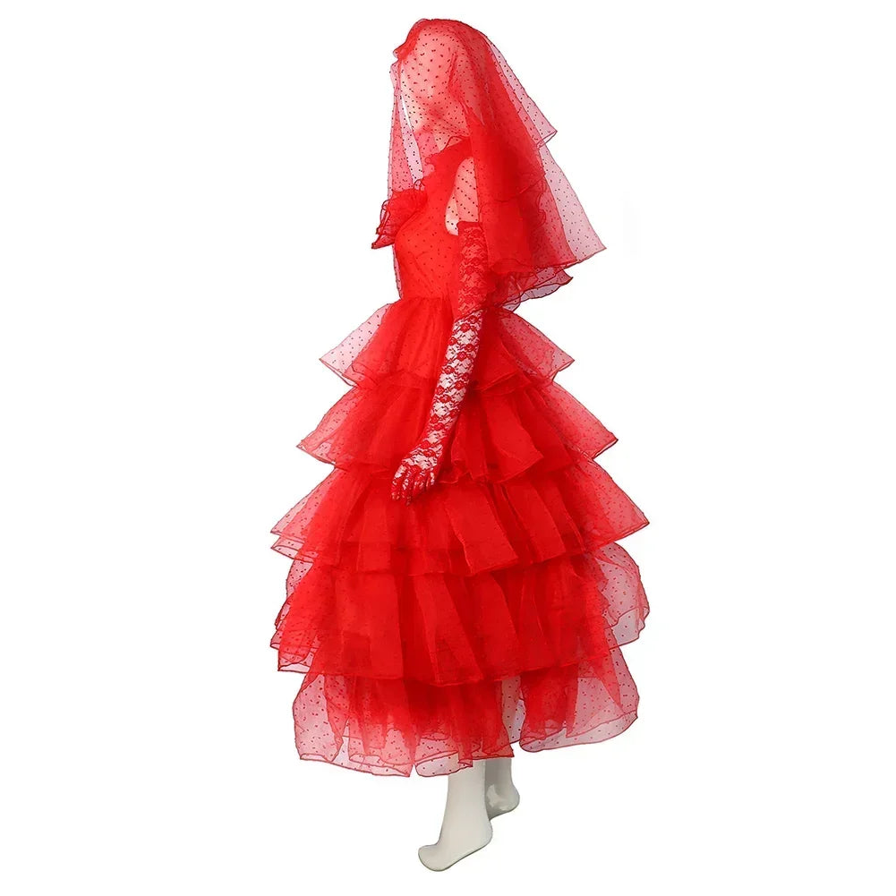 Costume de Mariée en Tulle Rouge pour Cosplay Beetlejuice – Robe Dramatique pour Halloween