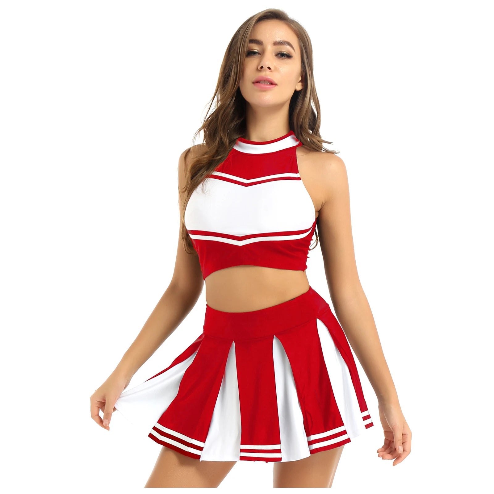 Costume de Pom-Pom Girl Sexy avec Crop Top et Jupe Plissée pour Halloween