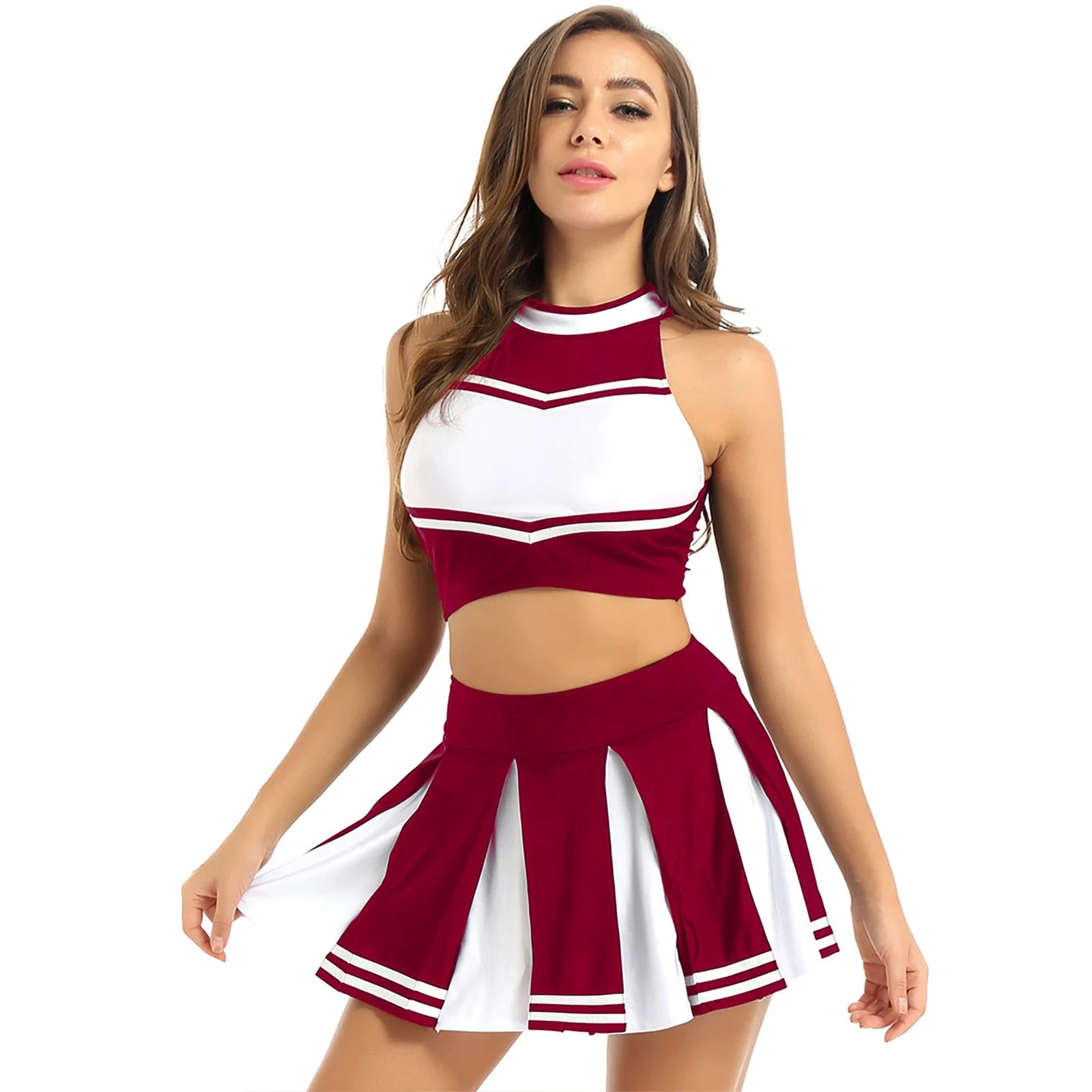 Costume de Pom-Pom Girl Sexy avec Crop Top et Jupe Plissée pour Halloween