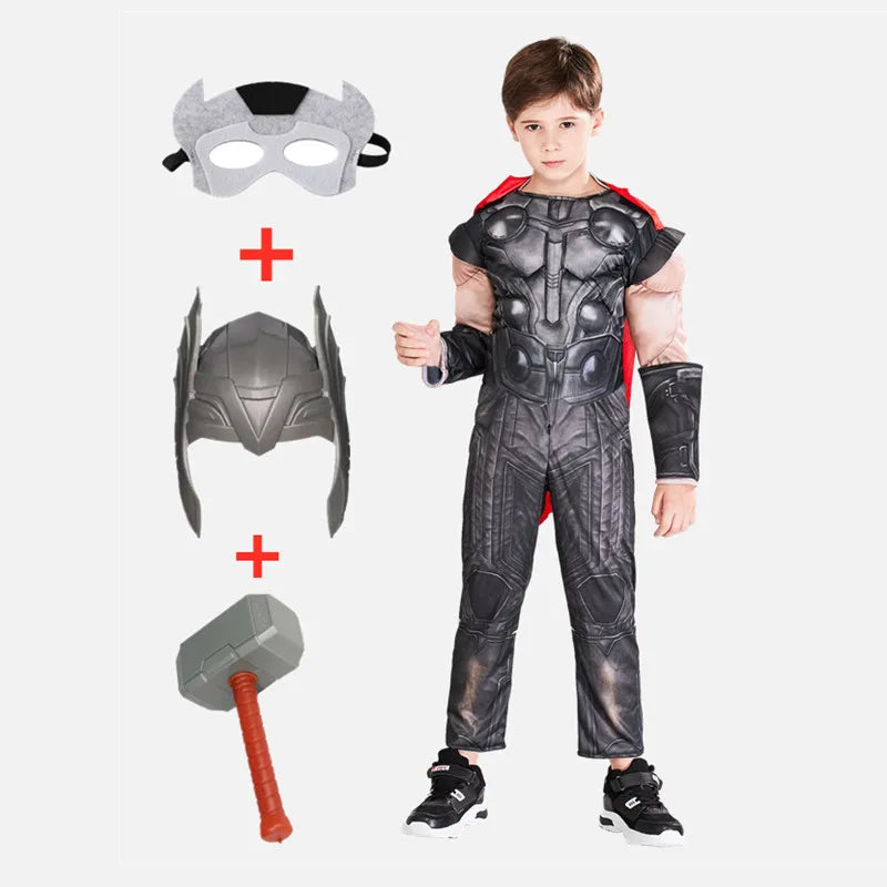 Costume de Super-Héros Thor Muscle pour Enfants avec Casque et Marteau – Idéal pour Halloween et Carnavals