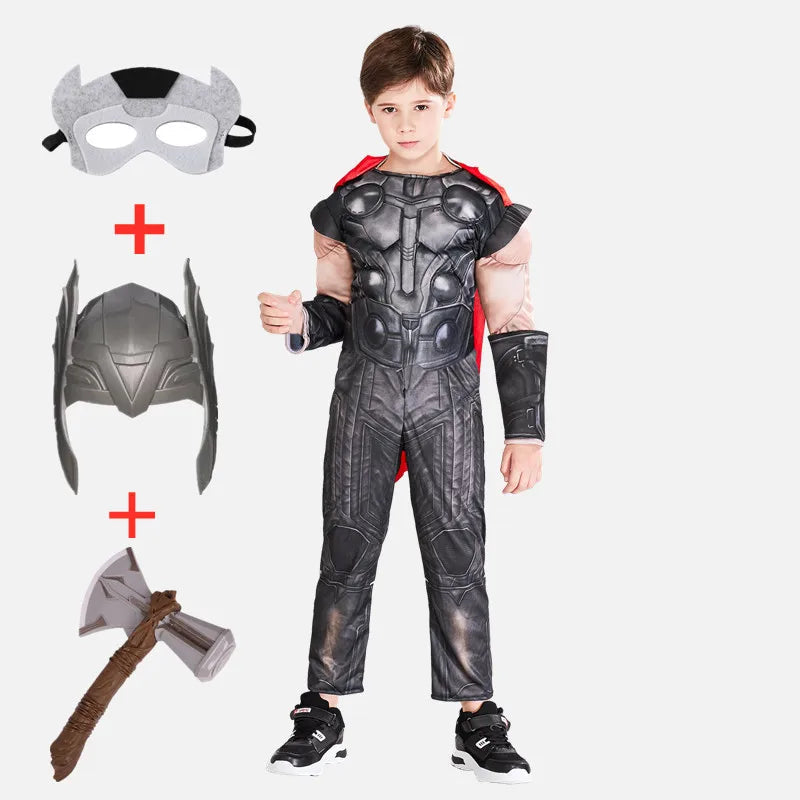 Thor Muscle Superhero Costume for Kids with Helmet and Hammer – Ideal for Halloween and Carnivals