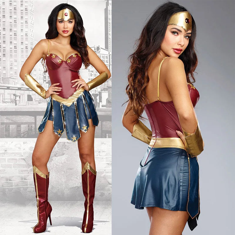 Costume de Super-Héros Wonder Woman pour Halloween 2025 – Robe Corset avec Jupe Plissée
