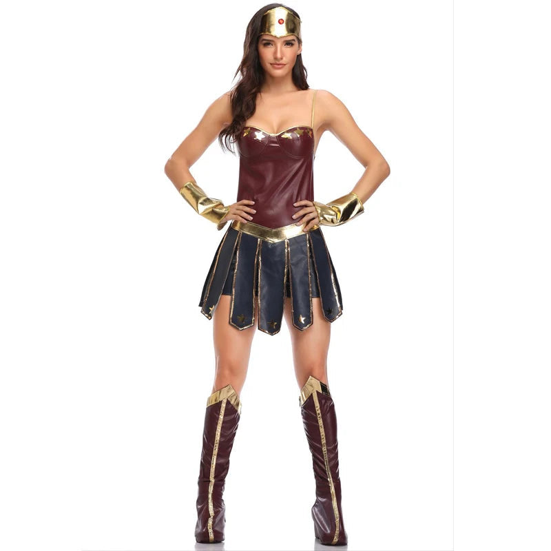 Costume de Super-Héros Wonder Woman pour Halloween 2025 – Robe Corset avec Jupe Plissée