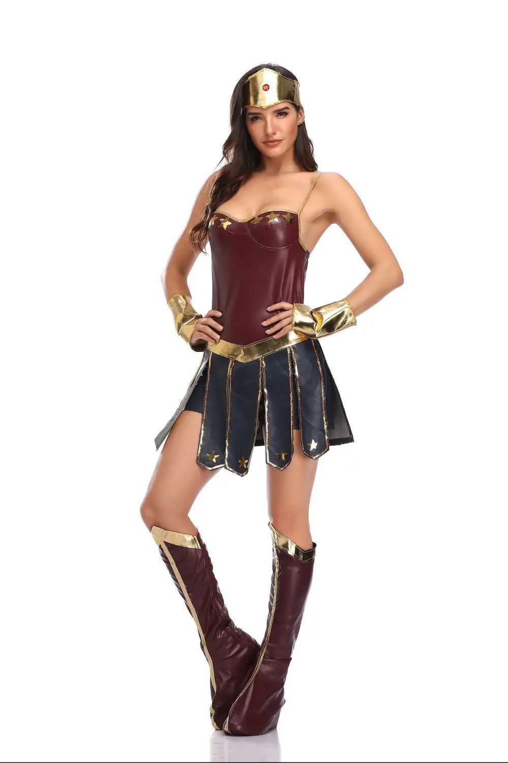 Costume de Super-Héros Wonder Woman pour Halloween 2025 – Robe Corset avec Jupe Plissée
