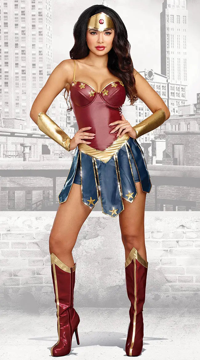 Costume de Super-Héros Wonder Woman pour Halloween 2025 – Robe Corset avec Jupe Plissée