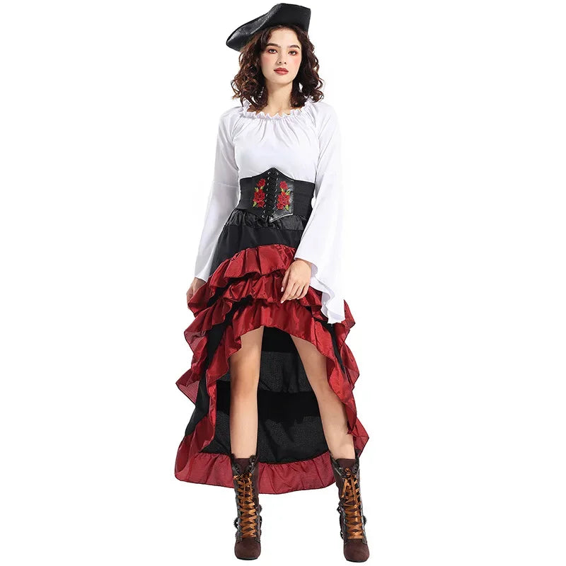 Costume de pirate pour femme avec corset et jupe à volants – Idéal pour Halloween et Cosplay