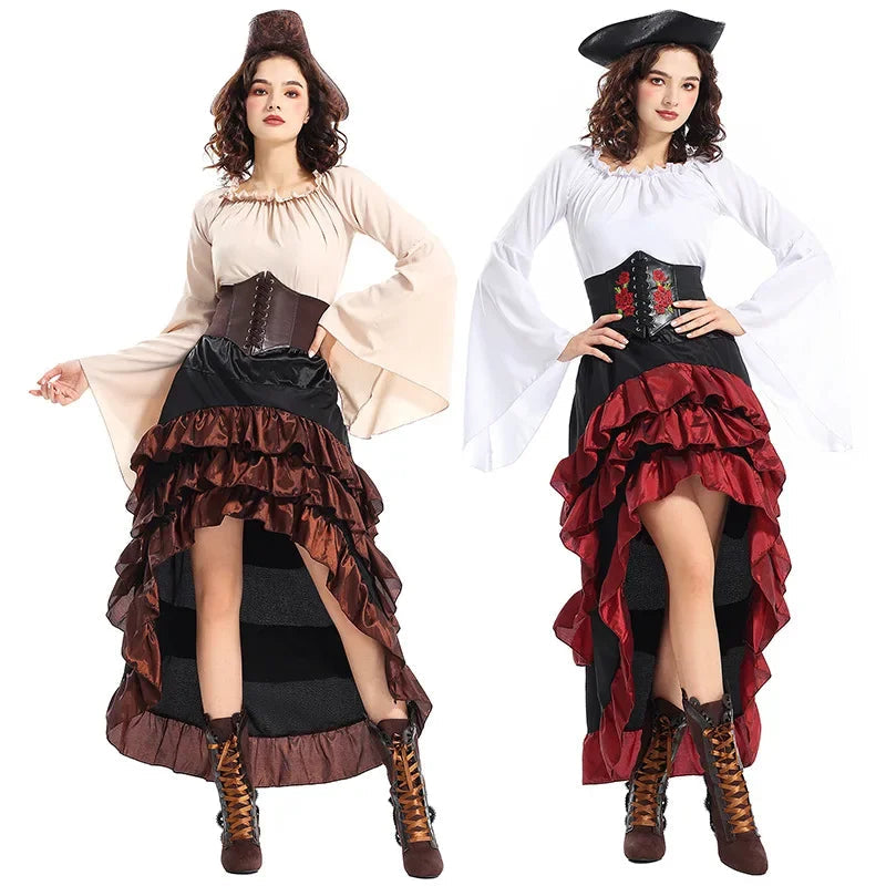 Costume de pirate pour femme avec corset et jupe à volants – Idéal pour Halloween et Cosplay