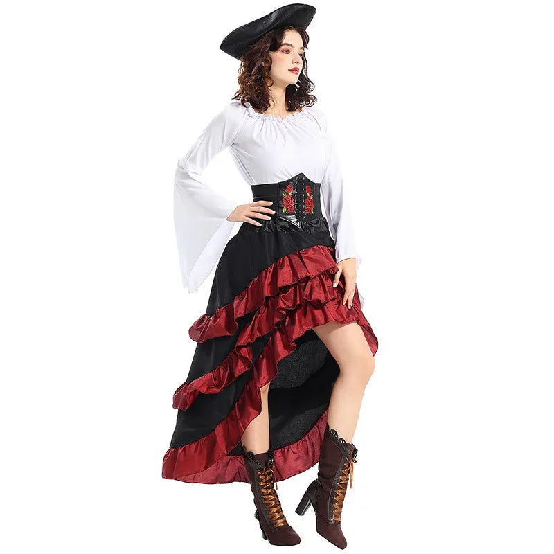 Costume de pirate pour femme avec corset et jupe à volants – Idéal pour Halloween et Cosplay