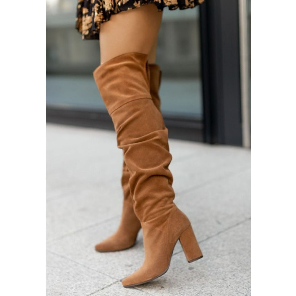 Cuissardes en faux suède pour femmes avec talon bloc et tige ample – Idéales pour l'automne et l'hiver 2