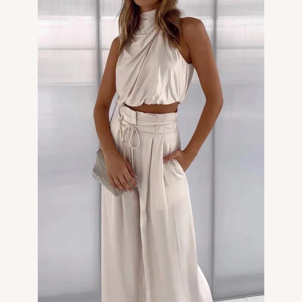 Ensemble Tailleur Femme Satiné Élégant - Haut Court et Pantalon Palazzo Beige, Chic et Confortable