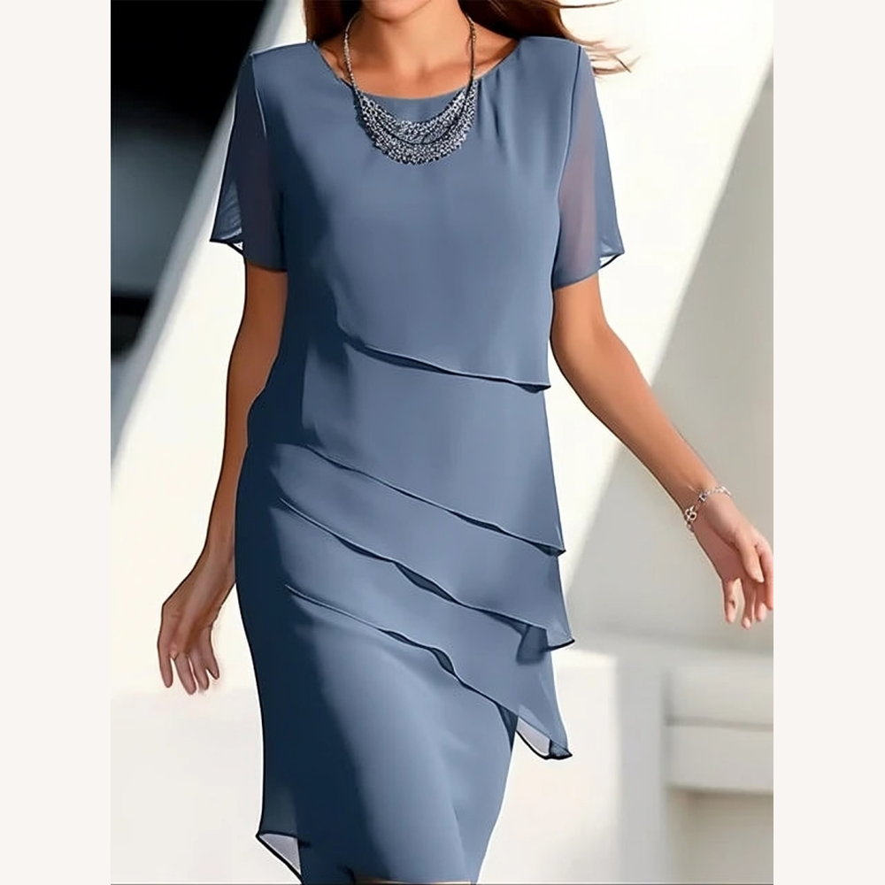 Robe Midi Femme Chic en Chiffon avec Manches Courtes – Élégante et Polyvalente pour Toutes Occasions
