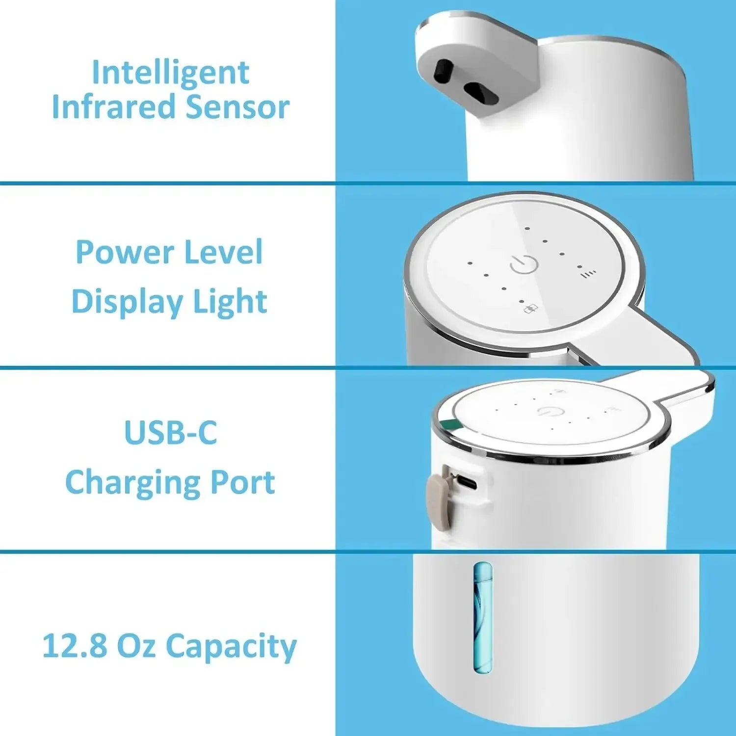 Distributeur Automatique de Savon Moussant Rechargeable USB 380 ml avec Contrôle de Mousse à 4 Niveaux