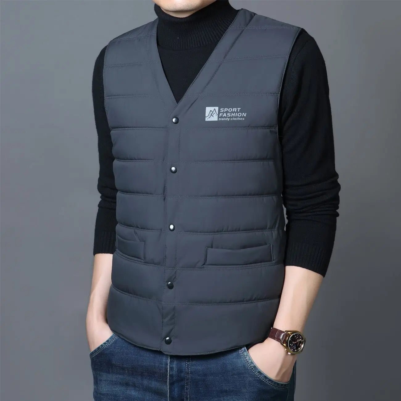 Doudoune Men's V-Neck Quilted Cotton – Warm Vest for Winter