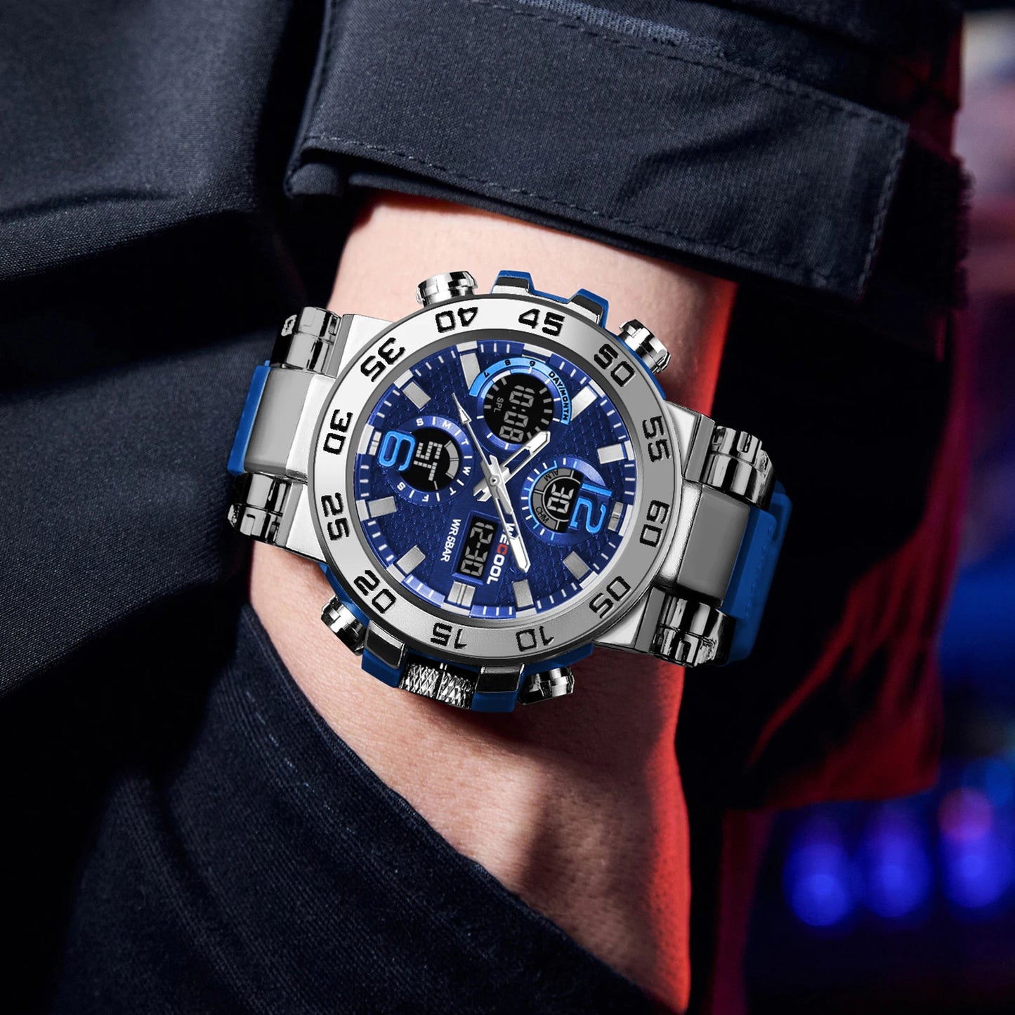 Dual Display Waterproof Alarm Clock Watch for Men – 50M Water Resistance, LED Electronic Display