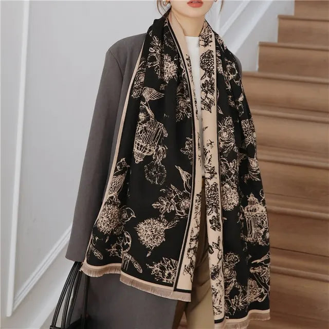 Écharpe Pashmina Légère avec Imprimé Botanique – Châle Oversize pour Femmes 0