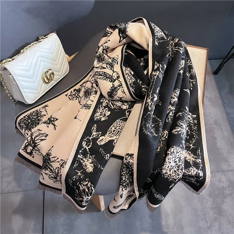 Écharpe Pashmina Légère avec Imprimé Botanique – Châle Oversize pour Femmes 1