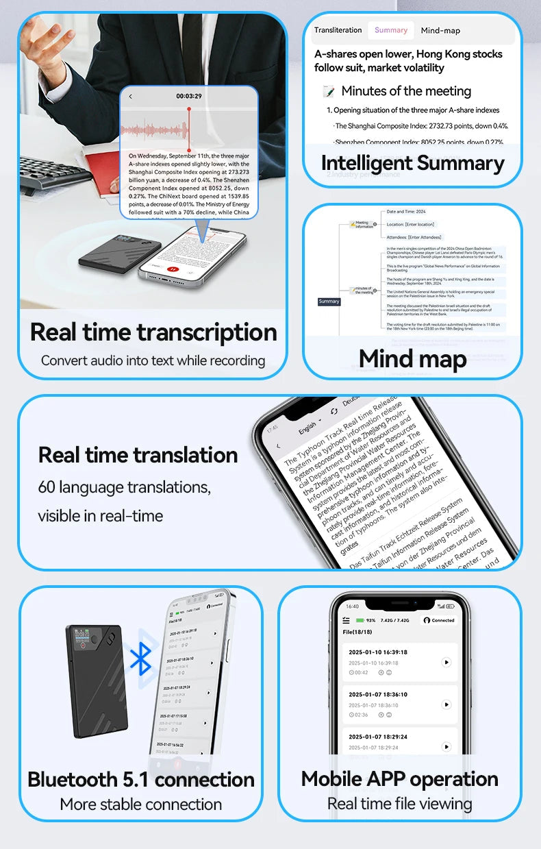 Enregistreur vocal IA avec transcription et résumé en temps réel – Compact et efficace