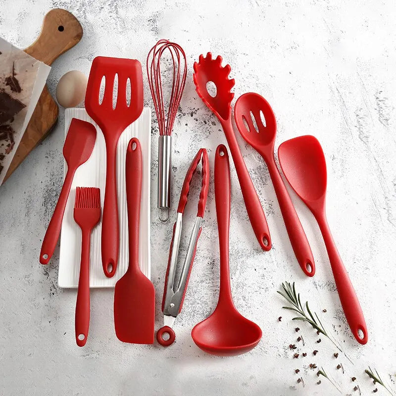 Ensemble d'Ustensiles de Cuisine en Silicone de 10 Pièces - Antiadhésifs, Résistants à la Température et Faciles à Nettoyer