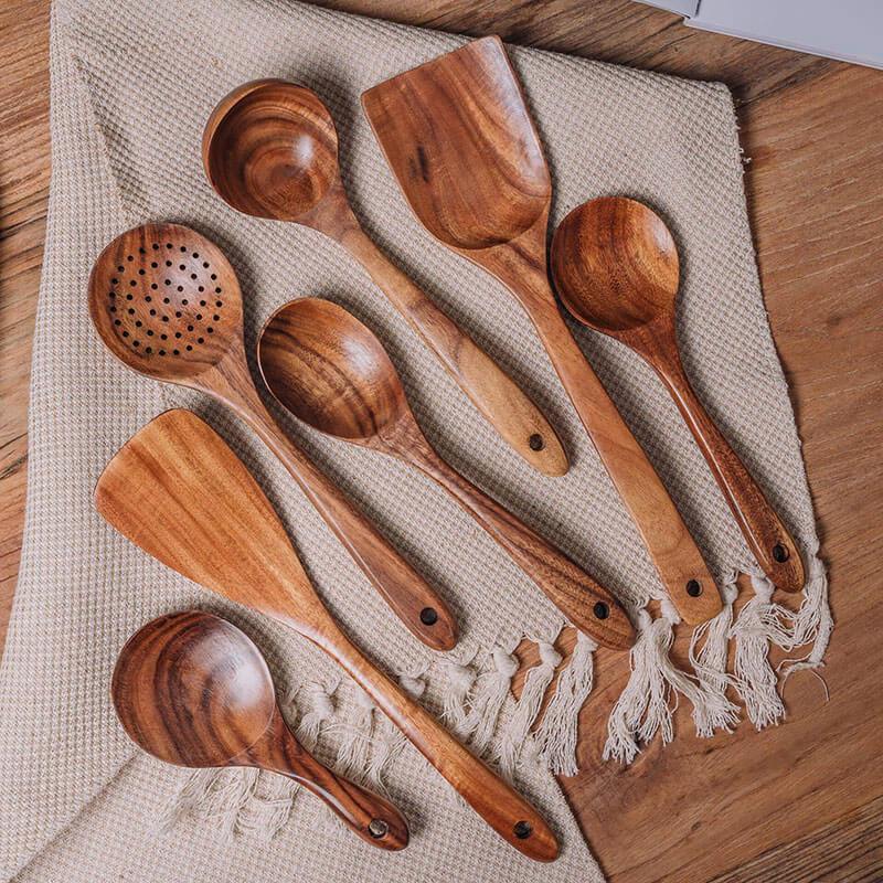 Ensemble d'Ustensiles de Cuisine en Teck de 7 Pièces – Outils Durables et Non Rayants pour Casseroles Antiadhésives