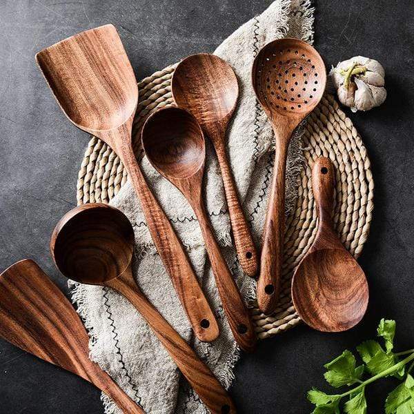 Ensemble d'Ustensiles de Cuisine en Teck de 7 Pièces – Outils Durables et Non Rayants pour Casseroles Antiadhésives
