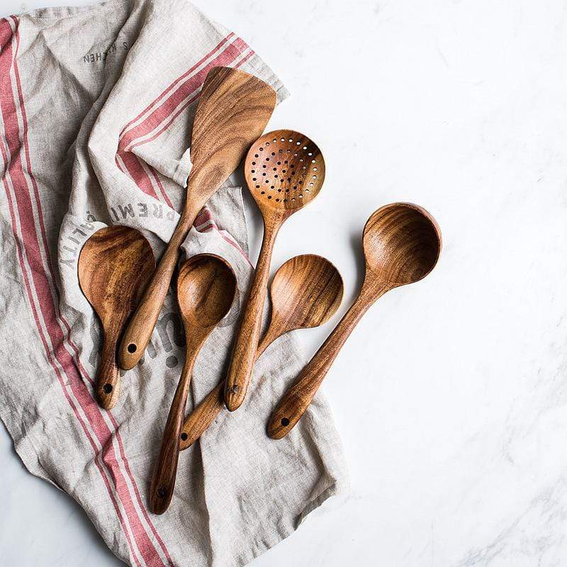 Ensemble d'Ustensiles de Cuisine en Teck de 7 Pièces – Outils Durables et Non Rayants pour Casseroles Antiadhésives
