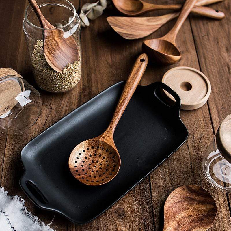 Ensemble d'Ustensiles de Cuisine en Teck de 7 Pièces – Outils Durables et Non Rayants pour Casseroles Antiadhésives