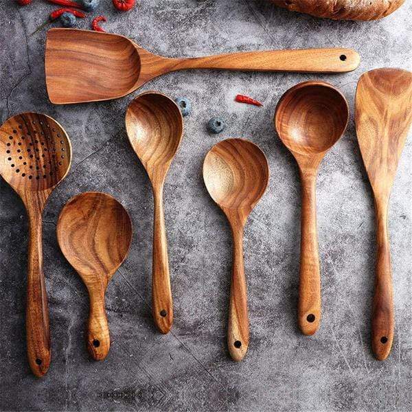 Ensemble d'Ustensiles de Cuisine en Teck de 7 Pièces – Outils Durables et Non Rayants pour Casseroles Antiadhésives