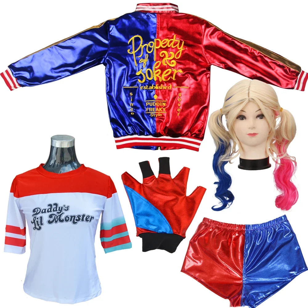 Ensemble de Costumes Harley Quinn pour Femmes - Haut et Pantalon avec Perruque pour Halloween