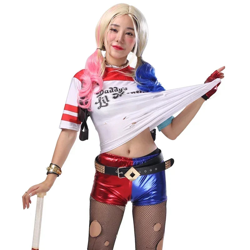 Ensemble de Costumes Harley Quinn pour Femmes - Haut et Pantalon avec Perruque pour Halloween