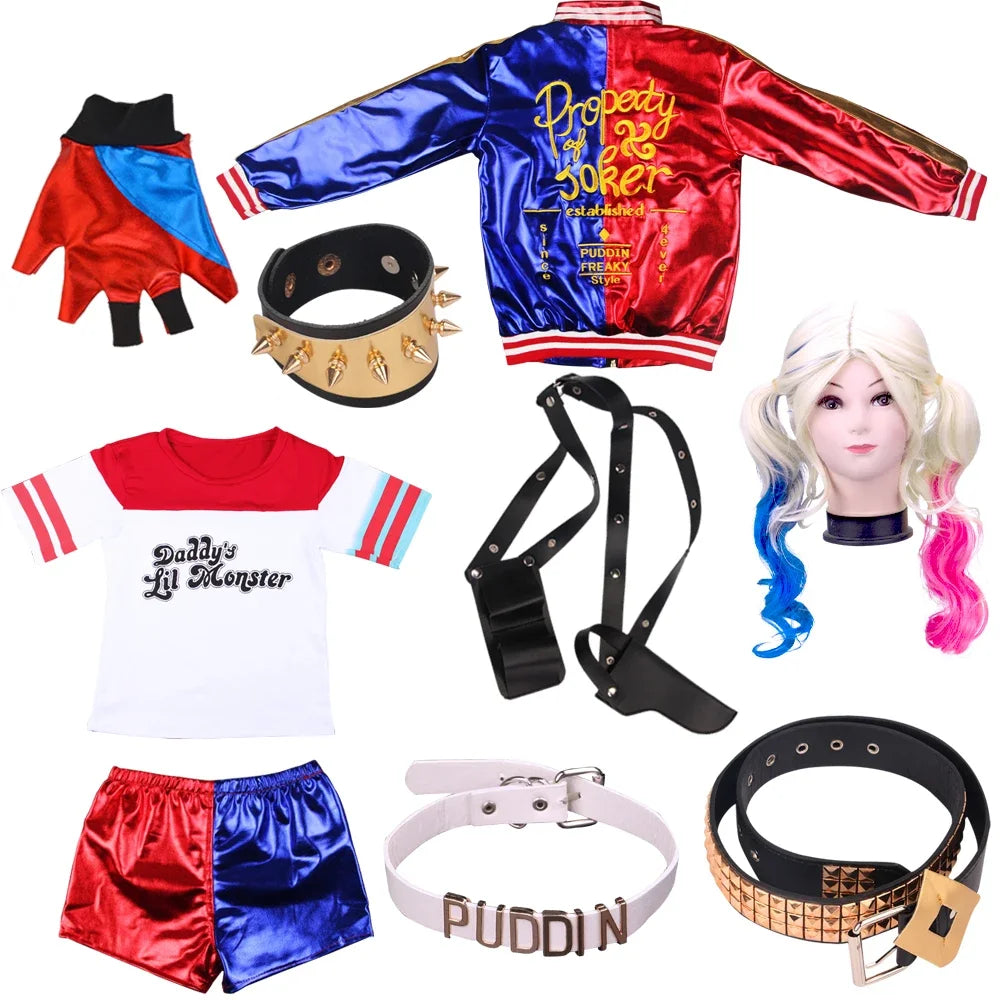Ensemble de Costumes Harley Quinn pour Femmes - Haut et Pantalon avec Perruque pour Halloween